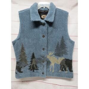 County Clothing Co Size Large Blue Fleece Vest w/ Elk, Moose, Bear Trees Nature